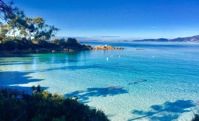 un grande bacino d'acqua con un'isola di Maison Les couchants Porticcio a Porticcio
