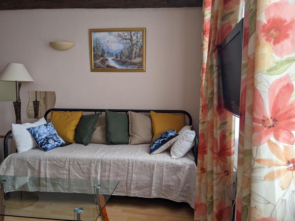 kanapę z poduszkami w salonie w obiekcie Calme et verdure en plein coeur d Illiers Combray w mieście Illiers