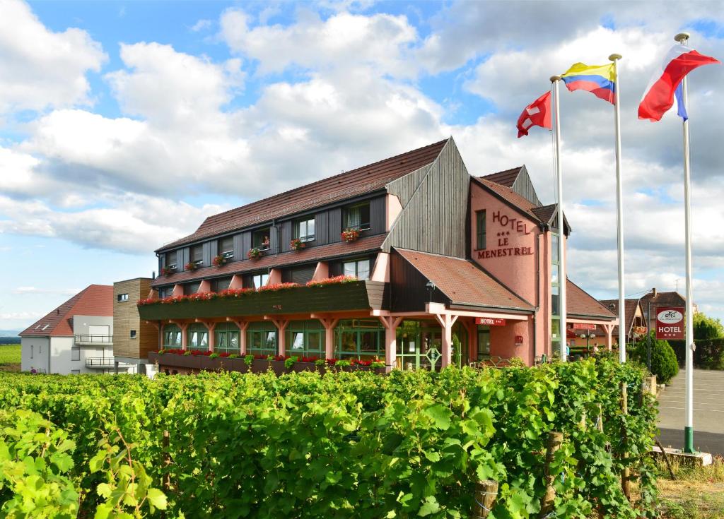 een gebouw met twee vlaggen voor een wijngaard bij Hôtel Le Ménestrel in Ribeauvillé