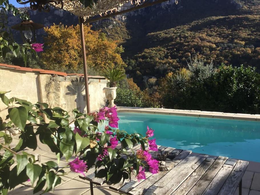 - une piscine avec des fleurs roses à côté d'une clôture dans l'établissement Charmante maison avec piscine, à Gourdon