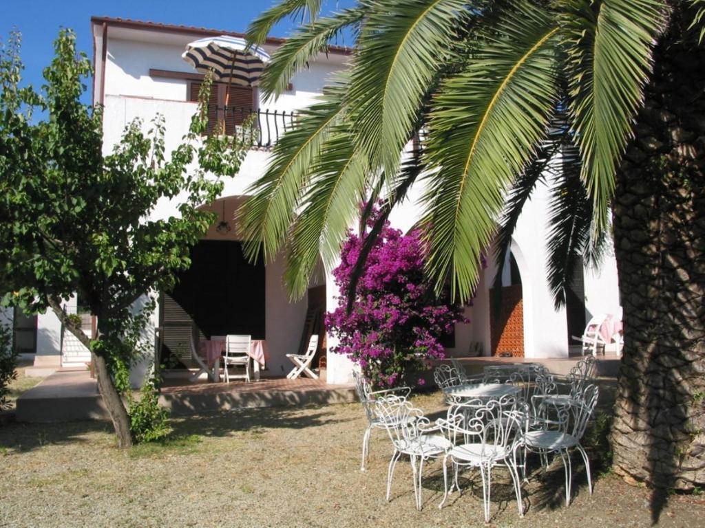 a group of tables and chairs under a palm tree at Due Golfi in Lacona