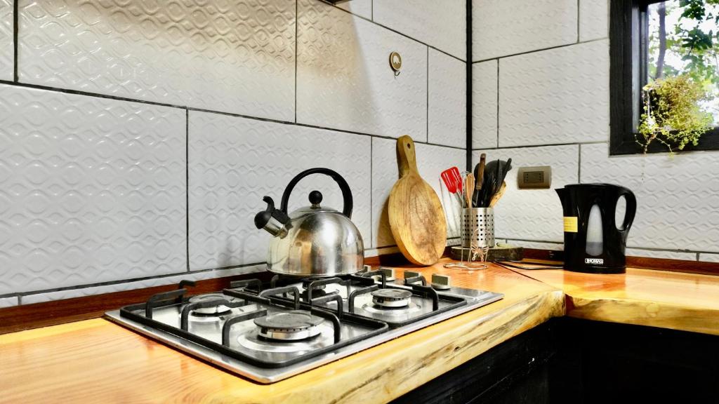 a kitchen stove with pots and pans on it at Molco Cabins Loft in Pucón
