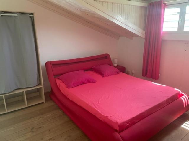 Residence Chez Marraine Maison BERTILI في لو جوسيير: سرير احمر مع مخدات وردية في غرفة النوم