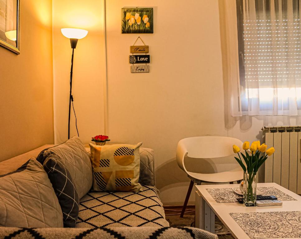 sala de estar con sofá y mesa en Apartman Lada, en Bijeljina