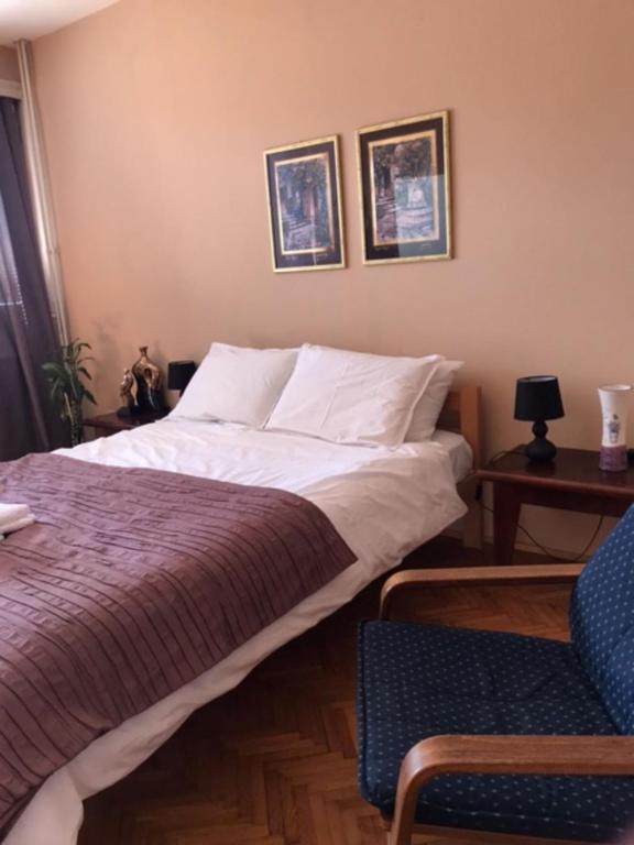 a bedroom with a large bed and a chair at Apartman Lana in Bajina Bašta