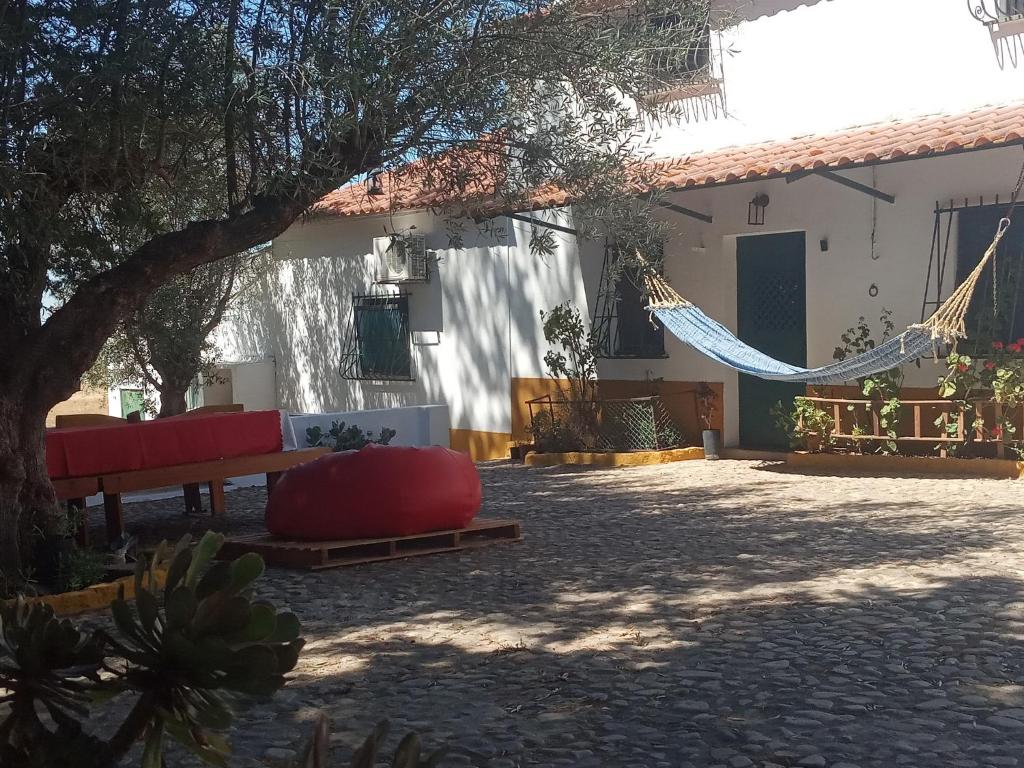 a house with a tree and a hammock in the yard at Monte da Samarra in Avis