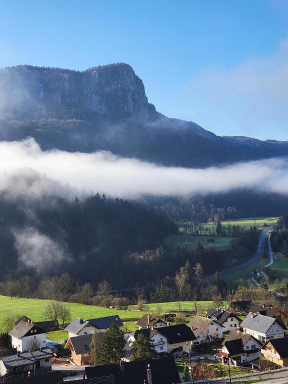 a town in a valley with a mountain in the background at Bella Bela Apartments 23 in Bled