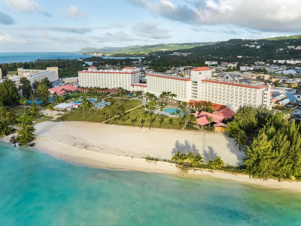 an aerial view of the resort and the beach at Crowne Plaza Resort Saipan in Garapan