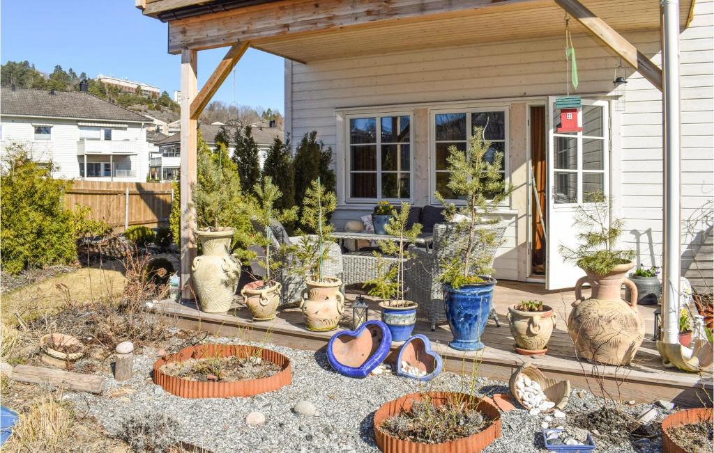 a group of potted plants in front of a house at Nice Home In Halden With Kitchen in Halden