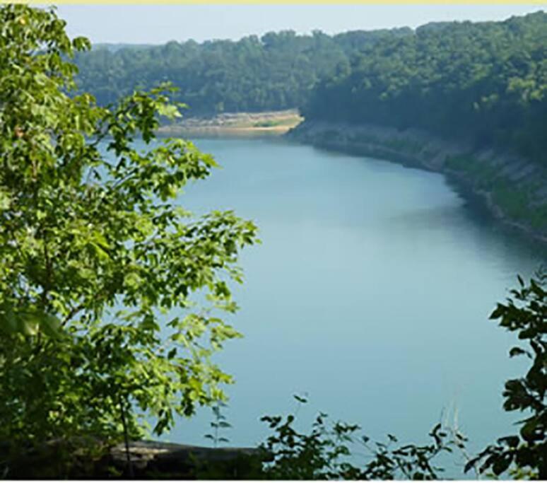 Blick auf einen See mit Bäumen im Vordergrund in der Unterkunft Lake Cumberland's Woodson Bend Resort Condominium in Burnside