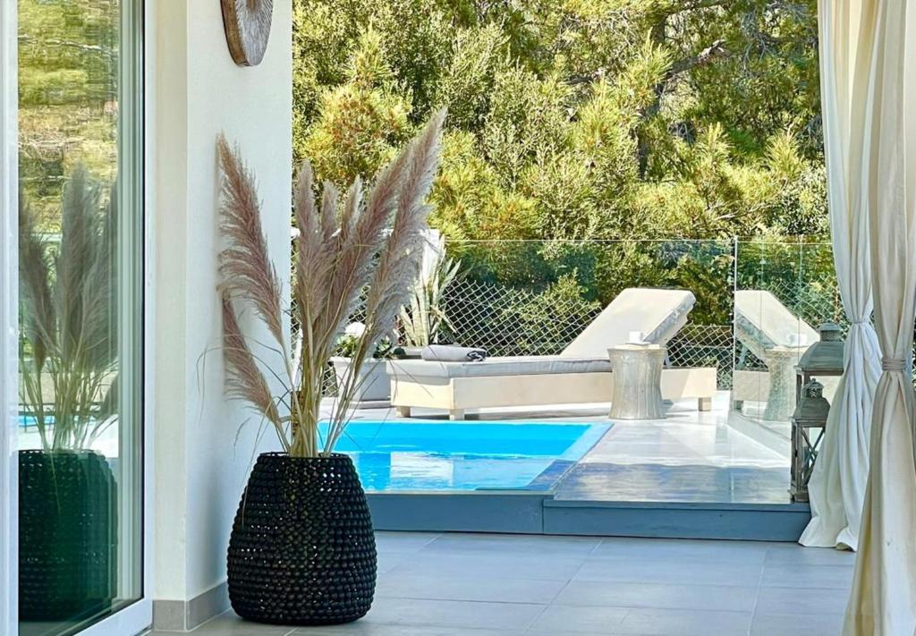 a vase with a plant in it next to a pool at Olive Green Villa Heated Pool in Agios Nikolaos