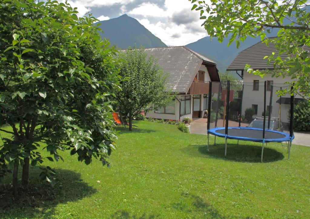 a blue trampoline in the yard of a house at Apartments and Rooms Tajcr in Bovec