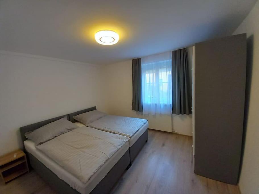 1 dormitorio con cama y ventana grande en Wunderschönes 2Zimmer Apartment in Sbg en Salzburgo