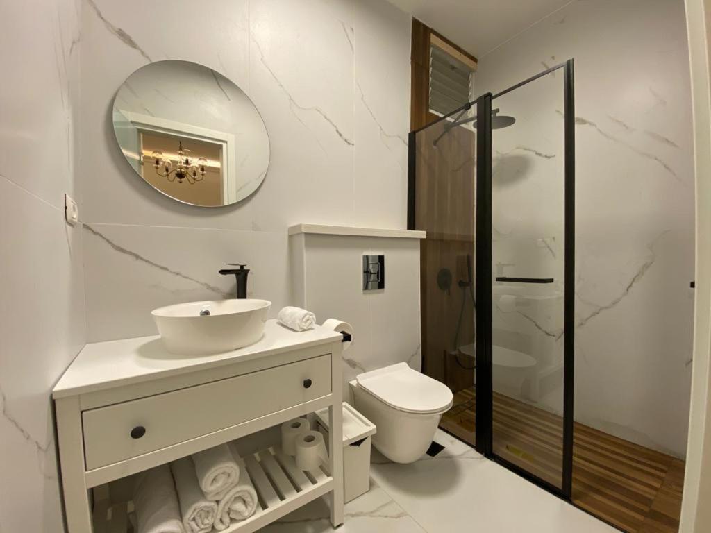 a bathroom with a sink and a toilet and a mirror at Rothschild 106 in Petaẖ Tiqwa