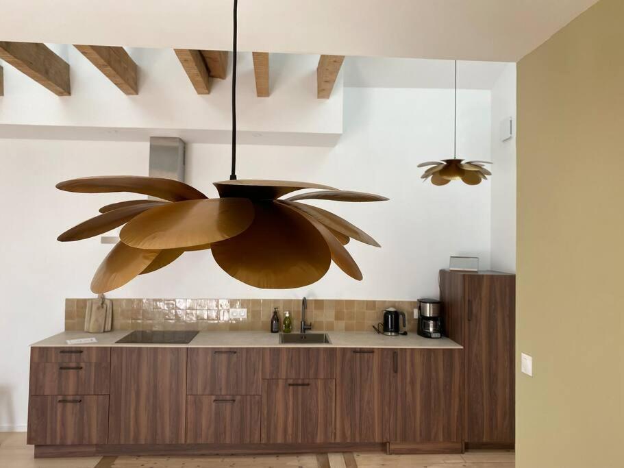 a kitchen with a large pendant light hanging from the ceiling at L’appartement 39 in Lons-le-Saunier
