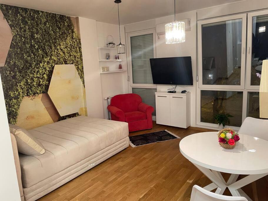 uma sala de estar com um sofá branco e uma cadeira vermelha em Vera's place em Novi Sad