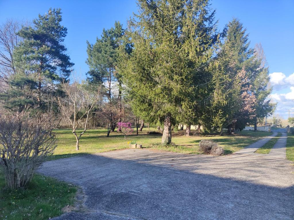 een weg in een park met bomen en gras bij Cottage cosy à la campagne in Queyssac