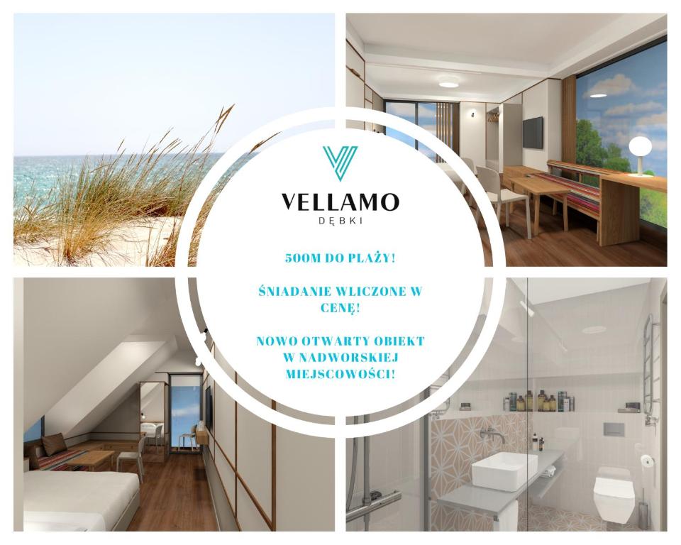 a collage of photos with a bathroom and a sign that reads welcome to v at Vellamo Dębki in Dębki