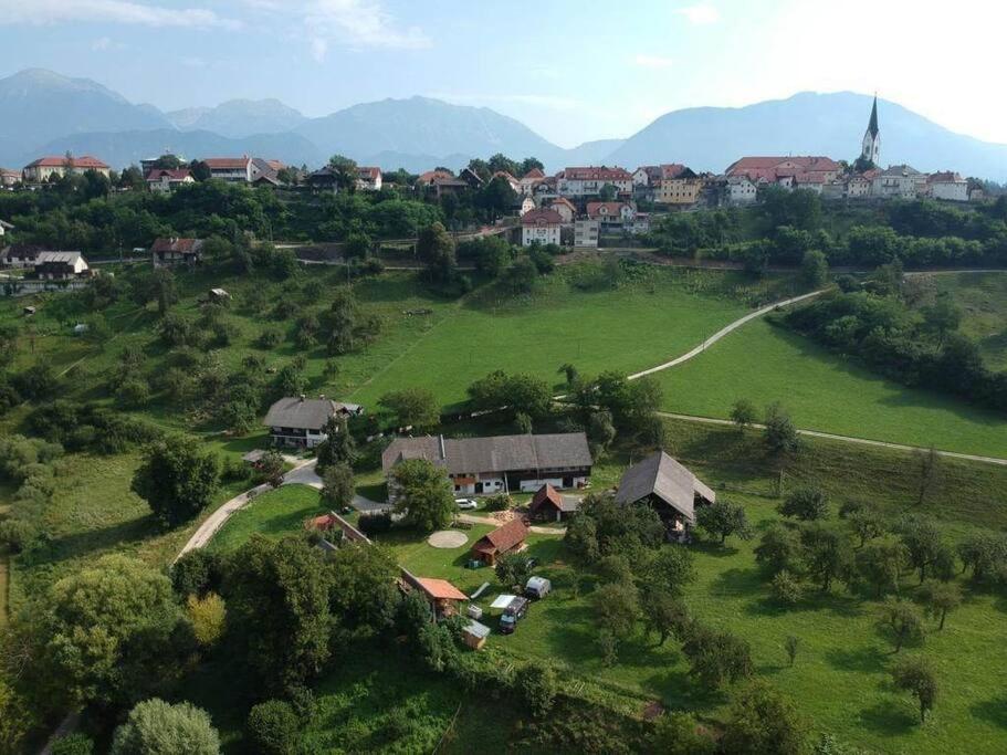 Vue aérienne d'une maison sur un champ verdoyant dans l'établissement Beehive cabin on a farm, à Radovljica