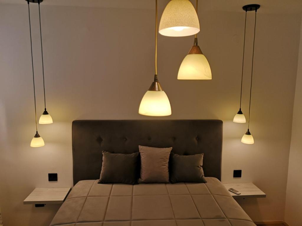 sypialnia z łóżkiem z 3 światłami powyżej w obiekcie Apartman Darvin / Lux w Belgradzie