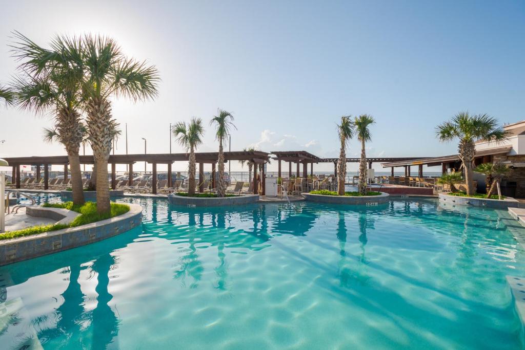 - une piscine dans un complexe avec des palmiers dans l'établissement Gaido's Seaside Inn, à Galveston