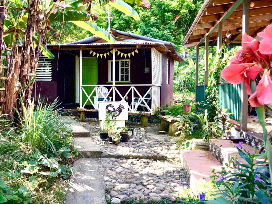 a small black and green house in a garden at Charlie’s Place Zion Hill - close to Blue Lagoon in Port Antonio