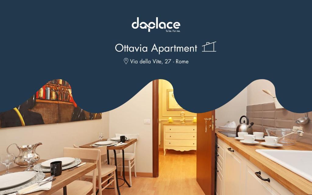 ローマにあるDaplace - Ottavia Apartmentのキッチン、ダイニングルーム(テーブル、椅子付)