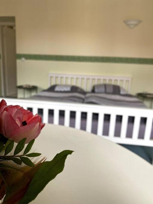 a flower on a table with a bed in the background at Apartment Sonnenterrasse in Bautzen