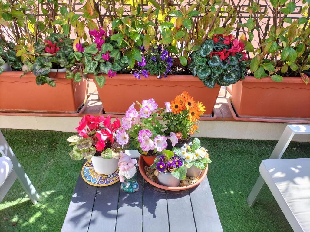 a bunch of flowers in pots on a table at La Luna e il Sole in Barletta