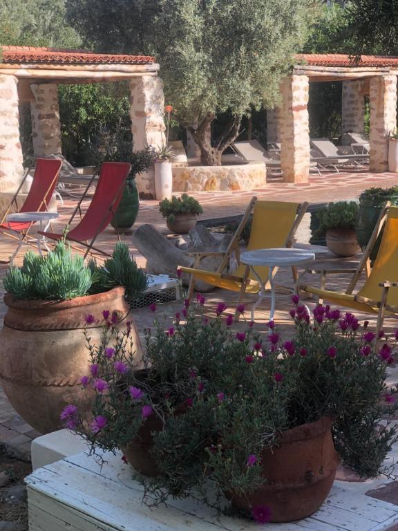 un grupo de sillas y flores en un patio en Sel d Ailleurs, Atlas Mountain Retreat - adults only, en Ouirgane