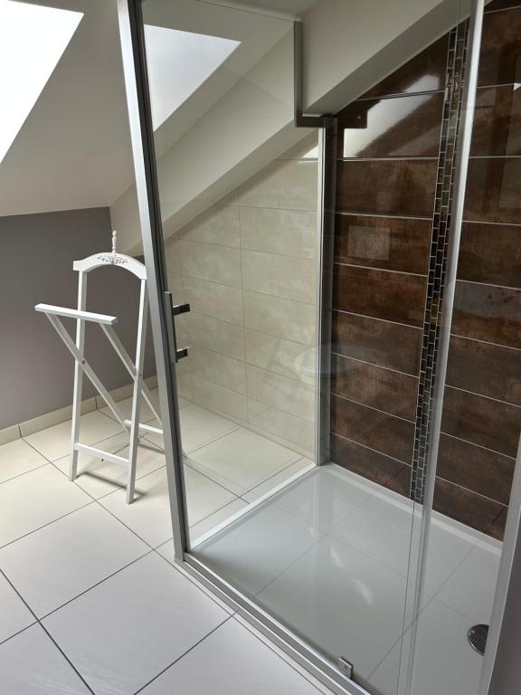szklany prysznic ze stołkiem w pokoju w obiekcie L'ECRIN DU LAC chambres d'hôtes w mieście Saint-Point-Lac