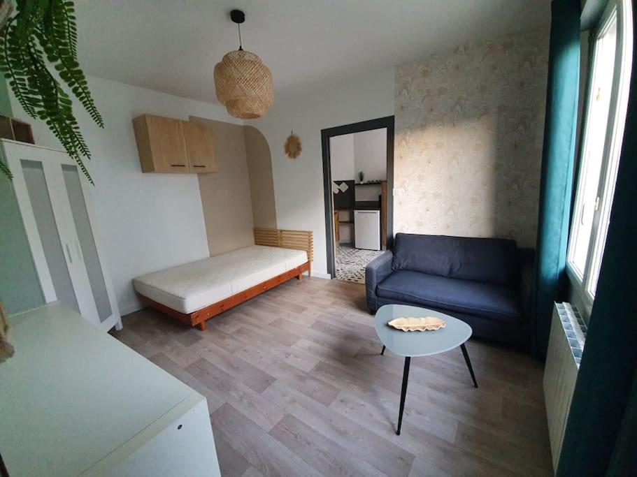 ein Wohnzimmer mit einem Sofa und einem Tisch in der Unterkunft Maisonnette T1 avec jardin in Saint-Laurent-sur-Sèvre