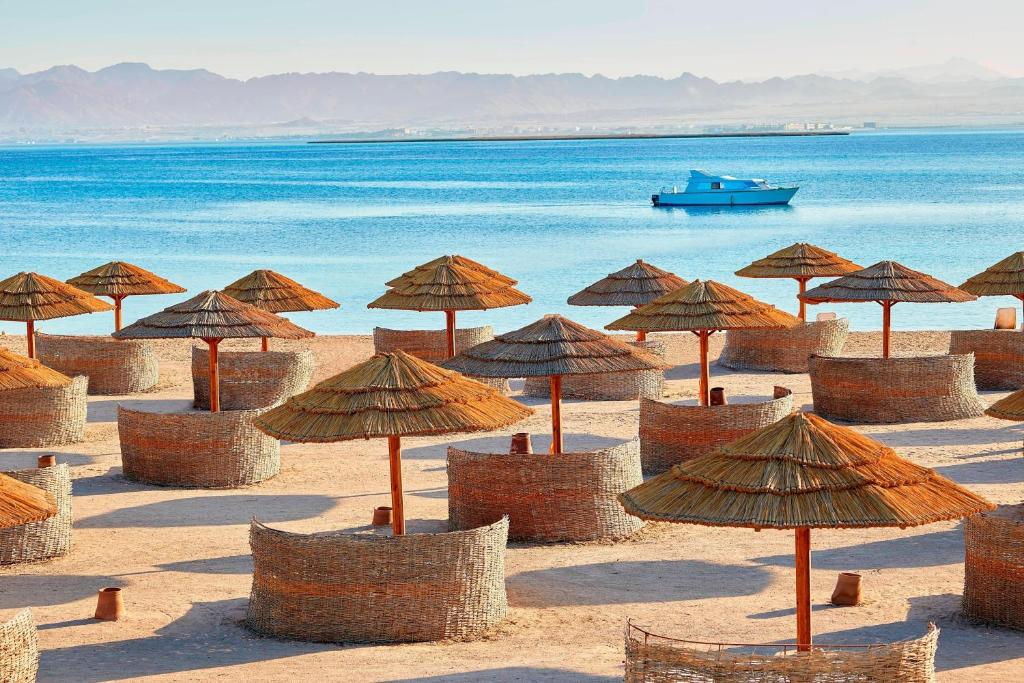 a group of straw umbrellas on a beach with the ocean at Sheraton Soma Bay Resort in Hurghada