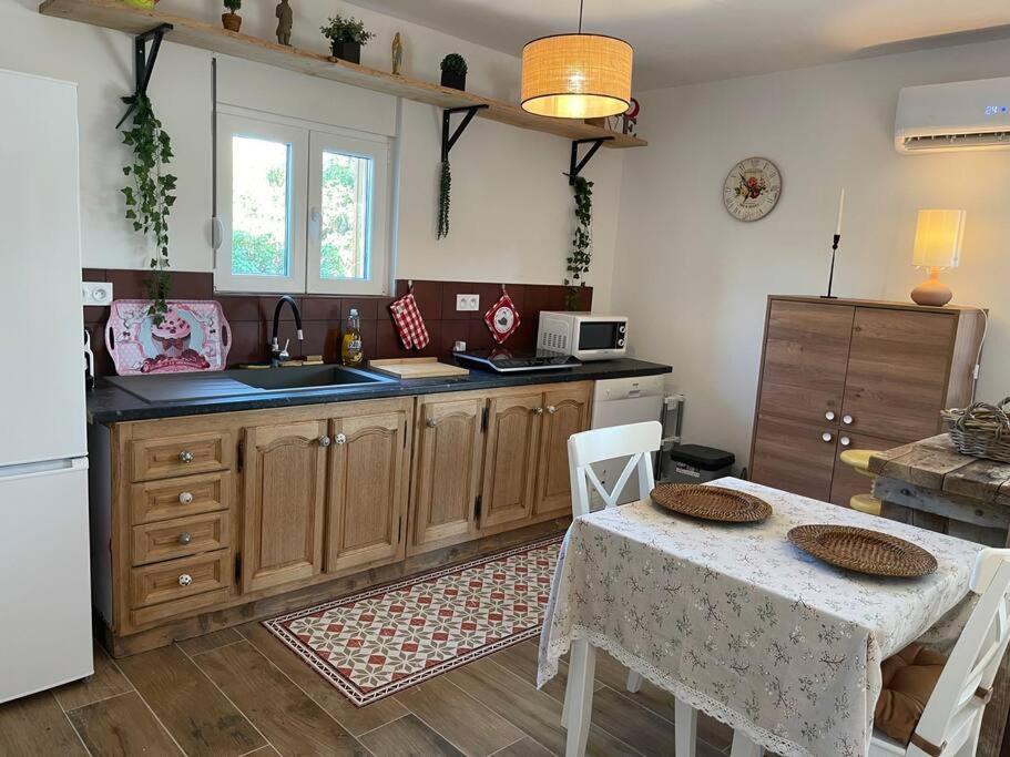 a kitchen with a table and a sink and a refrigerator at Studio provençal atypique avec jacuzzi privé in Sanary-sur-Mer