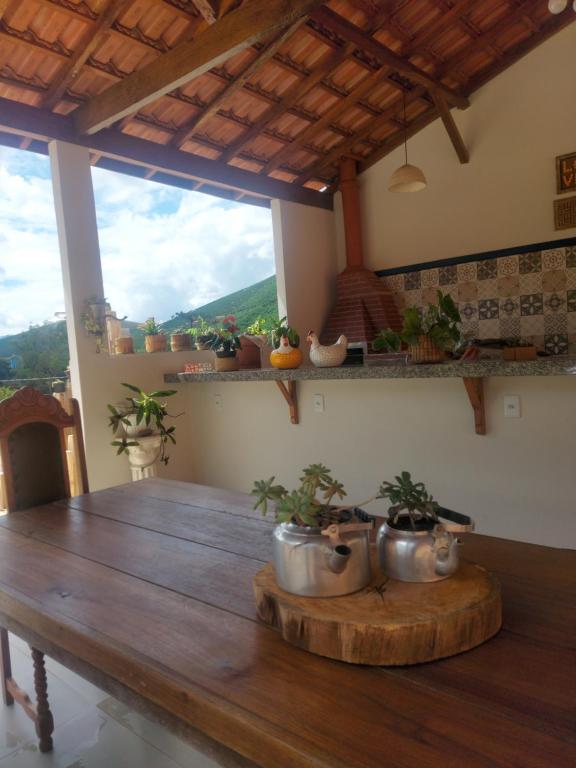 a wooden table with potted plants on top of it at Fazenda do Quartel in Manhumirim
