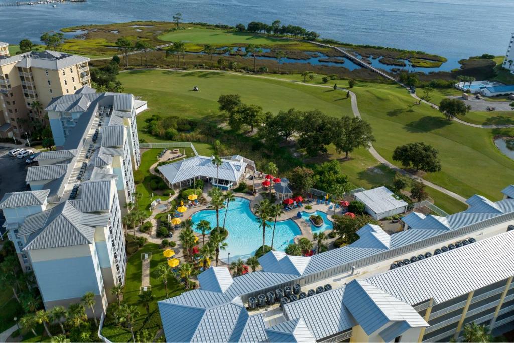 an aerial view of the pool at the resort at Marriott&#39;s Legends Edge at Bay Point in Panama City Beach