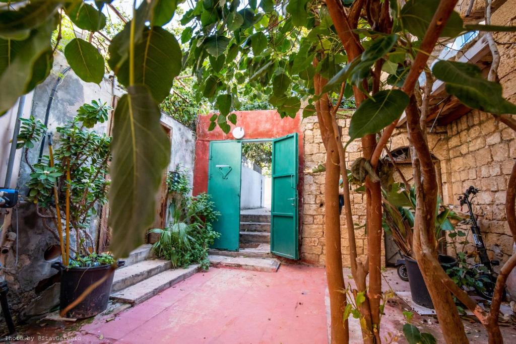 a green door in a brick building with plants at הסמטה של יפו in Tel Aviv