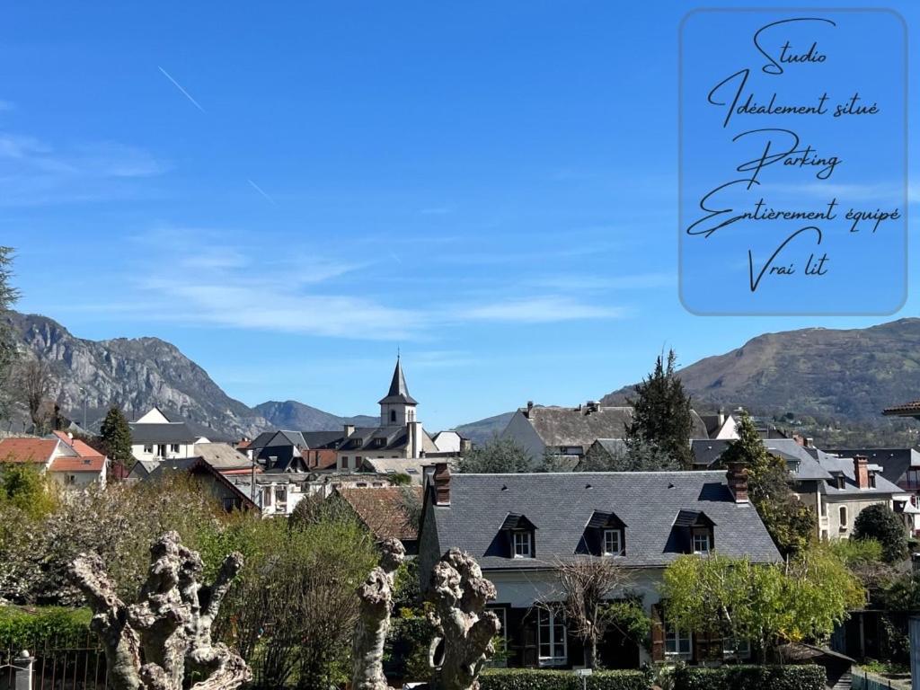 eine Stadt auf einem Hügel mit Bergen im Hintergrund in der Unterkunft Studio Endroit chaleureux au cœur des montagnes in Argelès-Gazost