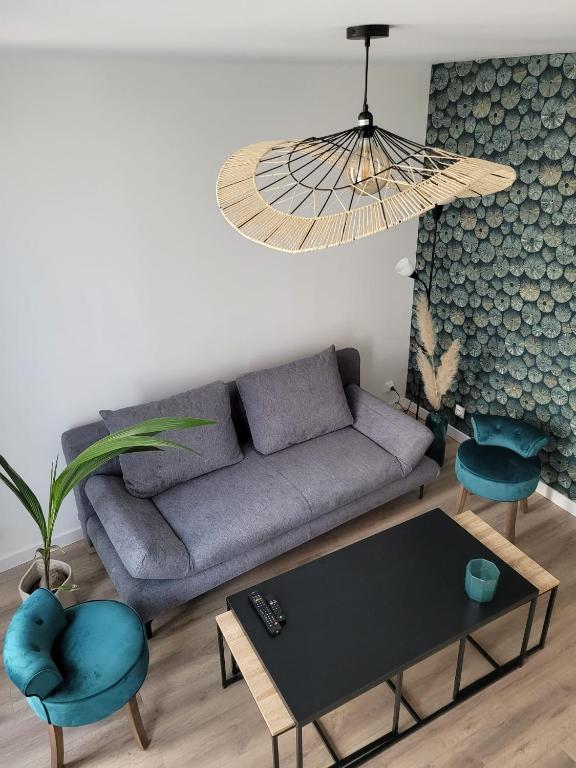 a living room with a couch and a table and chairs at Les oursins-appartement 3pièces, 4 couchages et parking gratuit in Metz