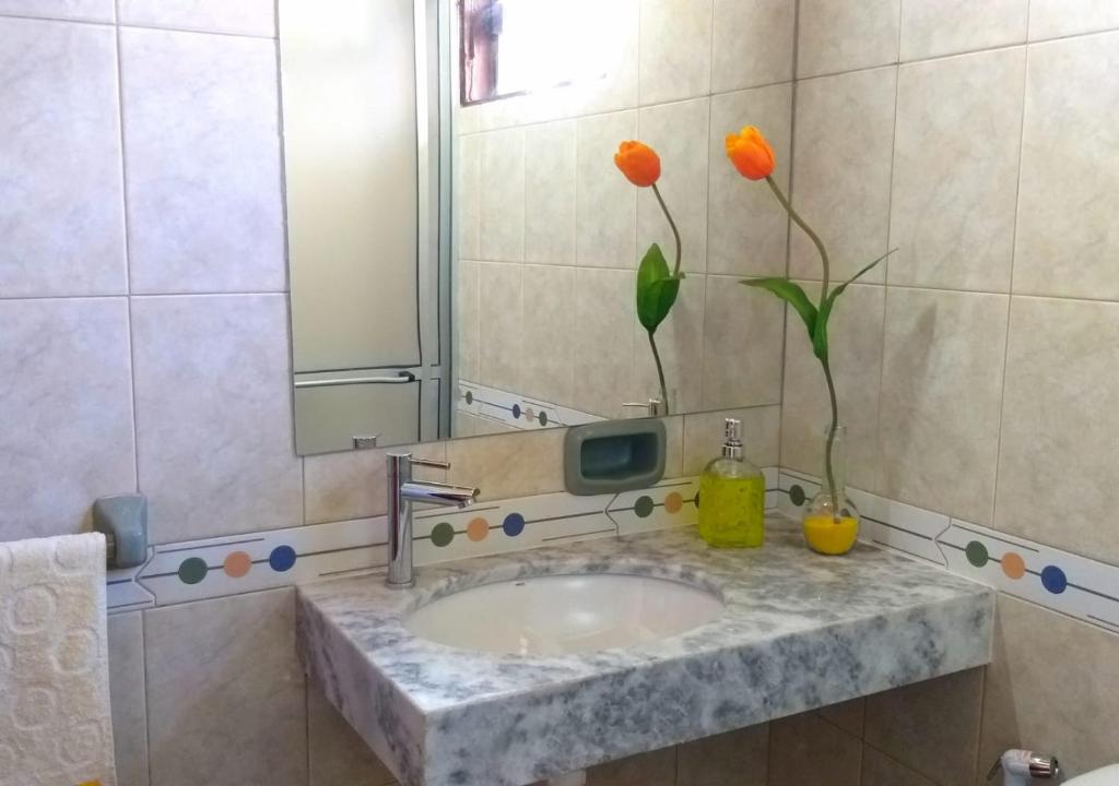 La salle de bains est pourvue d'un lavabo, d'un miroir et de fleurs orange. dans l'établissement Saiyú Aeropuerto, à Luque
