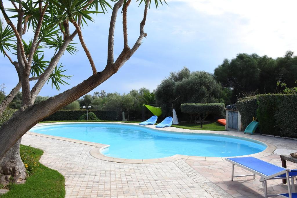 a swimming pool with two chairs and a tree at villa aurora in Simius