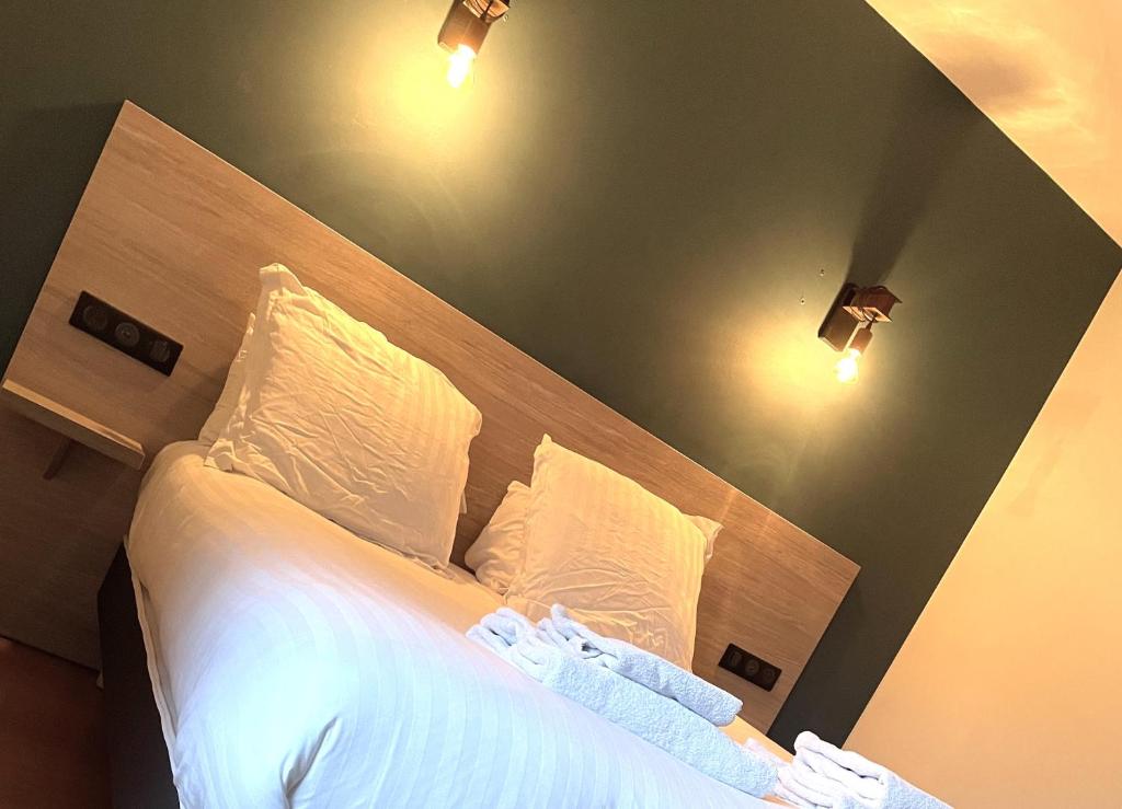 1 dormitorio con 1 cama grande con 2 luces. en Hotel du Languedoc, en Langogne
