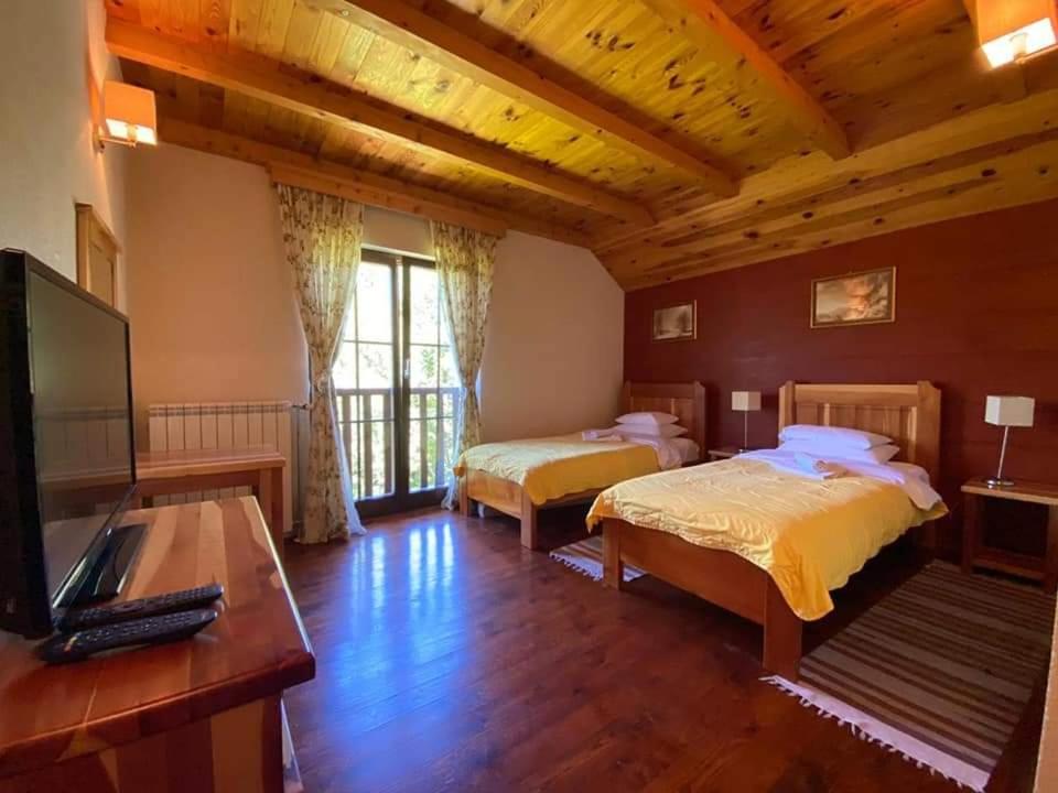 a bedroom with two beds and a flat screen tv at Rooms and apartmants Mirovic in Kolašin