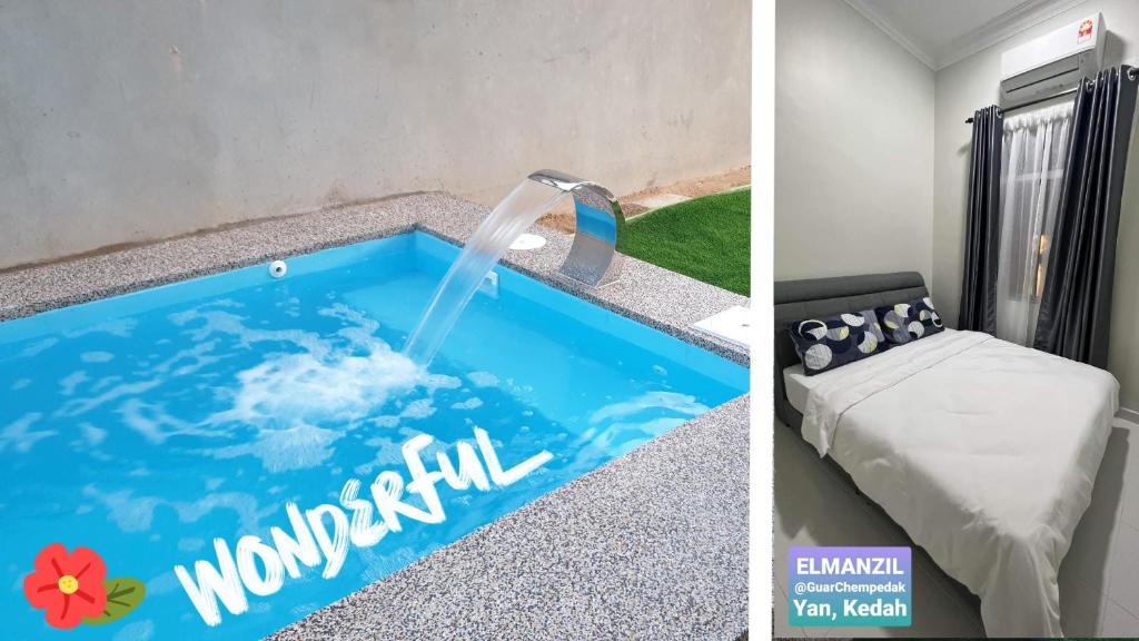 El Manzil Homestay with Pool في Guar Chempedak: مسبح مع وجود نافورة مياه في الغرفة