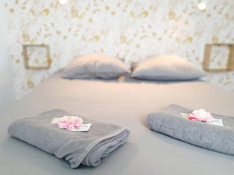 3 serviettes sur un lit avec des oreillers dans l'établissement Le Doré Rose by Madame Conciergerie, à Bruz
