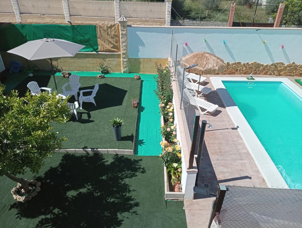 an overhead view of a swimming pool with an umbrella at Conjunto Rural Andrea in Moriles