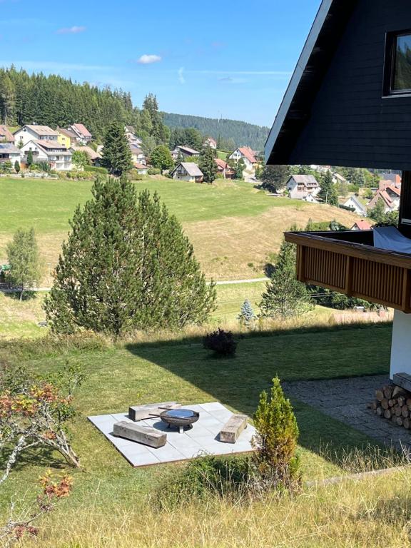 einen Hinterhof mit einem Picknicktisch im Gras in der Unterkunft Schwarzwaldblick in Eisenbach