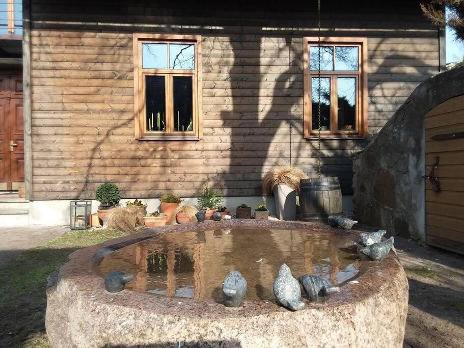 einen Steinbrunnen mit Vögeln vor einem Gebäude in der Unterkunft Pirts māja in Engure