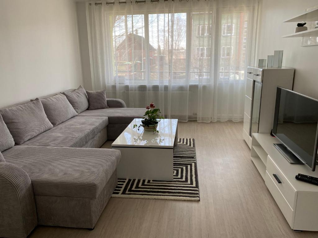 a living room with a couch and a television at Centra apartamenti in Alūksne