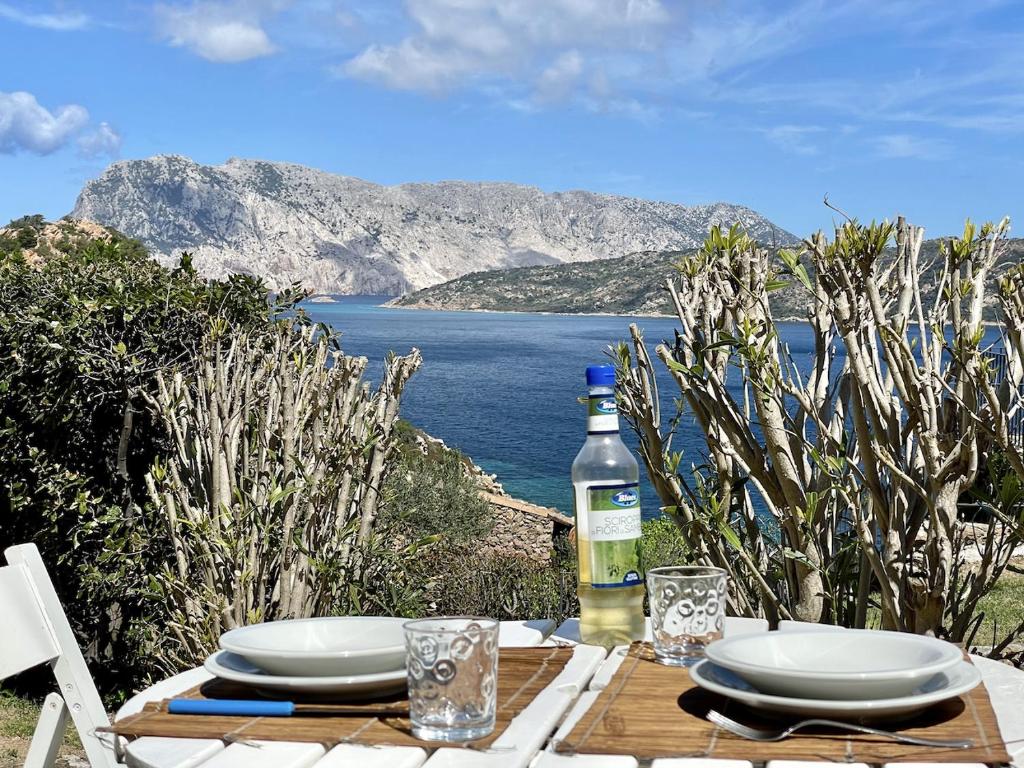 - une table en bois avec des assiettes et une bouteille de vin dans l'établissement SAN TEODORO PUNTA EST MONOLOCALE VISTA MARE, à Cap Coda Cavallo